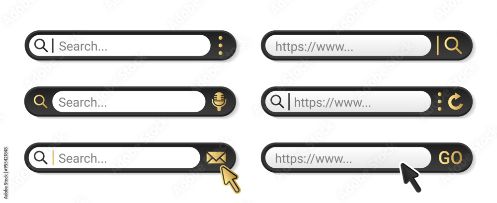 Poster luxury search bar set for browser black color with gold elements. internet address searched frame co