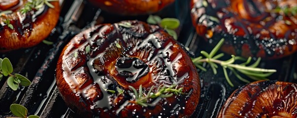 Grilled portobello mushrooms with balsamic glaze, 4K hyperrealistic photo