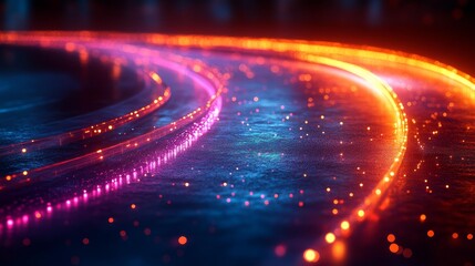 Neon Light Trails on Wet Road Surface Generative AI