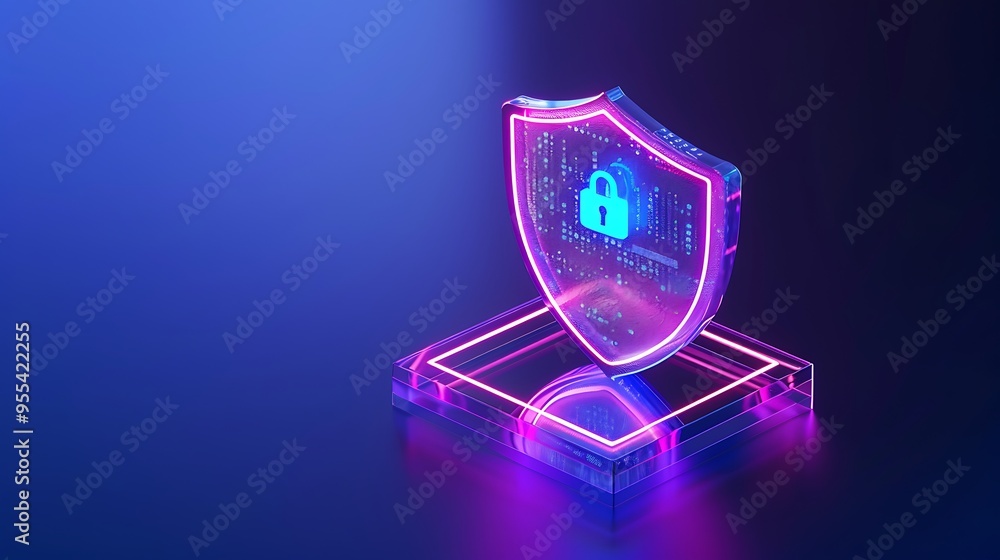 Poster futuristic digital shield with a lock icon, representing cybersecurity and data protection, illumina