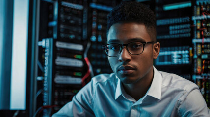 young african american engineer working in server room