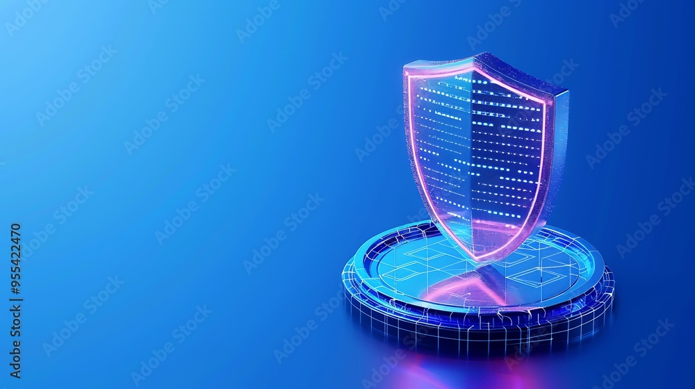 Poster futuristic digital shield with data protection. concept of cybersecurity and data privacy. glowing s