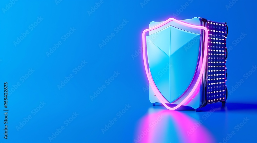 Poster futuristic digital shield with neon glow protecting a stack of servers on a blue background. concept