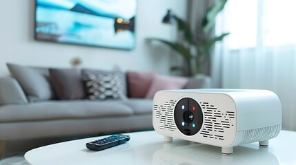 A compact, portable projector displaying a crisp image on a white wall, with a small wireless remote beside it.