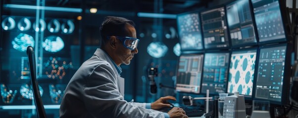 Scientist analyzing data on a computer screen in a lab, 4K hyperrealistic photo
