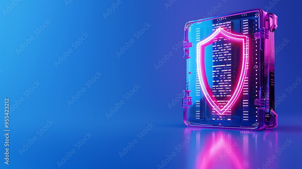 Aufkleber futuristic digital shield with neon lights protecting data on a microchip, representing cybersecurit