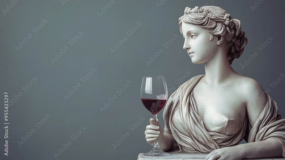 Wall mural A marble statue of a woman, possibly a goddess, with a glass of red wine in her hand. The statue is against a dark gray background.