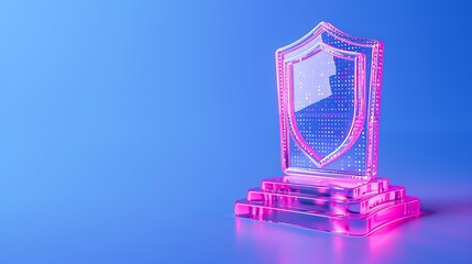 Futuristic glass shield trophy in neon pink lighting on a blue background, representing security, protection, and excellence.