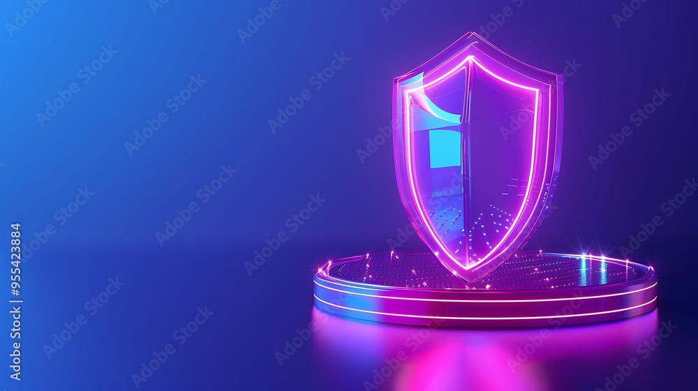 Poster futuristic glowing digital shield icon on a neon holographic platform, symbolizing cybersecurity and
