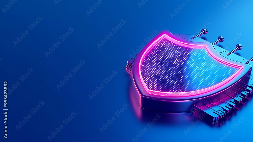 Poster futuristic glowing led light shield on a blue background representing technology security and data p