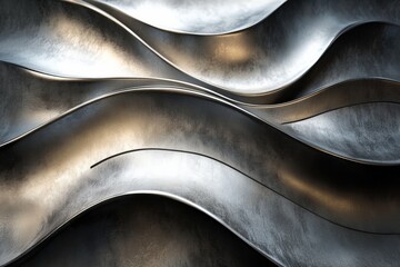 An abstract image of polished metal with undulating wave-like patterns, creating a sense of movement and depth through light and shadow.
