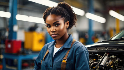 Naklejka premium Confident african american female mechanic looking at camera in auto repair shop