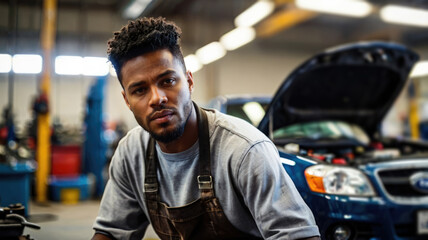African American mechanic working in auto repair shop