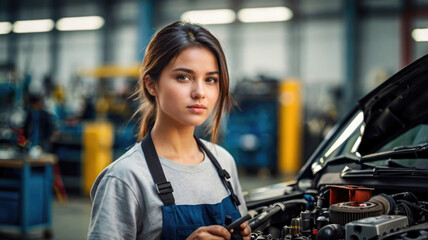 Female mechanic looking at camera in auto repair shop