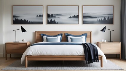 Design a cozy and contemporary bedroom that emphasizes natural materials and soothing color