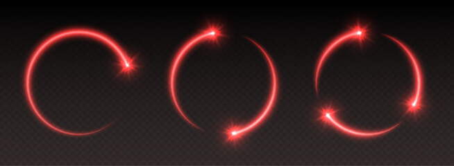 Glowing red shooting star circles with sparkles, light frames, stars in circular motion, abstract shiny rings with particles. Vector illustration.