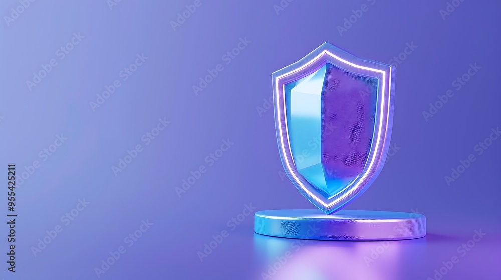 Poster futuristic glowing shield symbolizing digital security and protection on a violet background, 3d ren