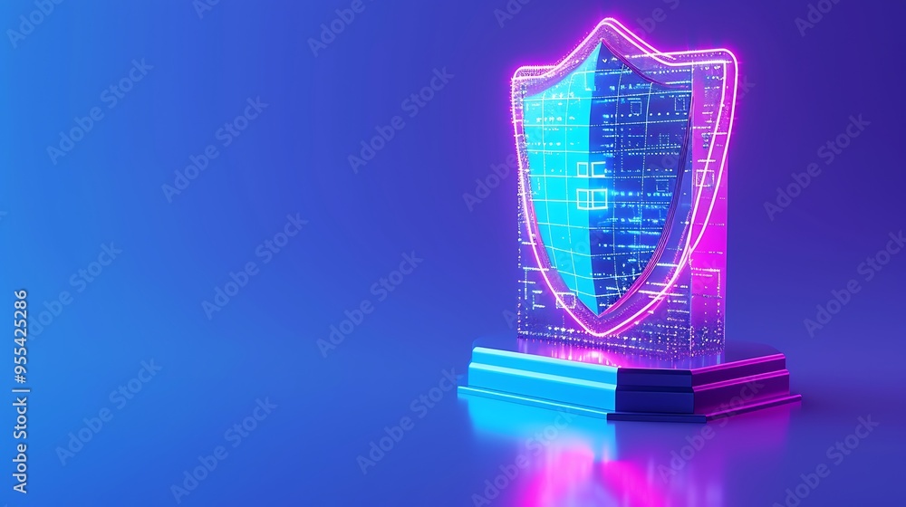 Poster futuristic glowing shield with digital coding background. concept of online security, data protectio