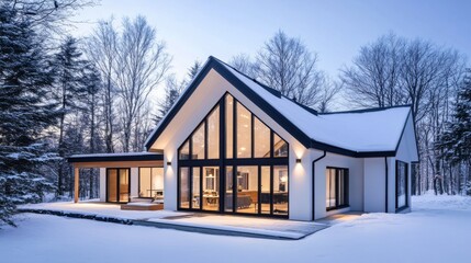 An exterior view of a Nordic-style house with a clean, geometric design, large windows, and a snow-covered roof, showcasing the simplicity and elegance of the architecture.