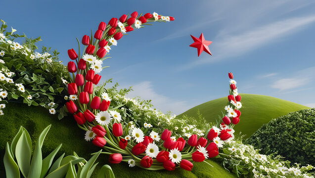 Famous Turkish Crescent and Star Formed from Red and White Flowers on Green Hillside: Symbolizing National Pride (Ağustos).