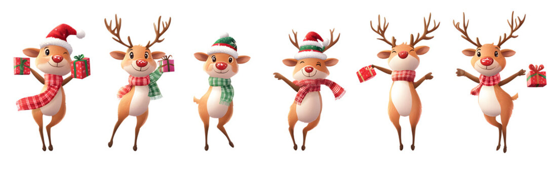 Christmas reindeer characters vector set design. Reindeer christmas cute character in jumping, standing, holding gift box, coffee and wearing hat and scarf collection isolated in white background.