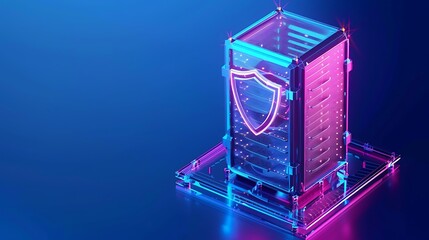 Futuristic illustration of a digital server with a shield, representing cyber security and data protection in a neon style.