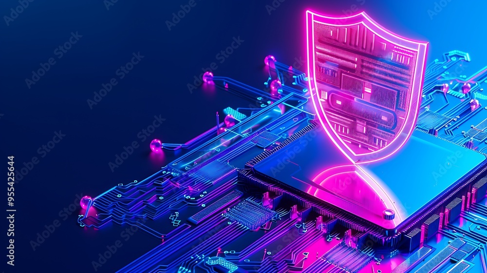 Poster futuristic illustration of cybersecurity with a glowing shield over a circuit board, representing da