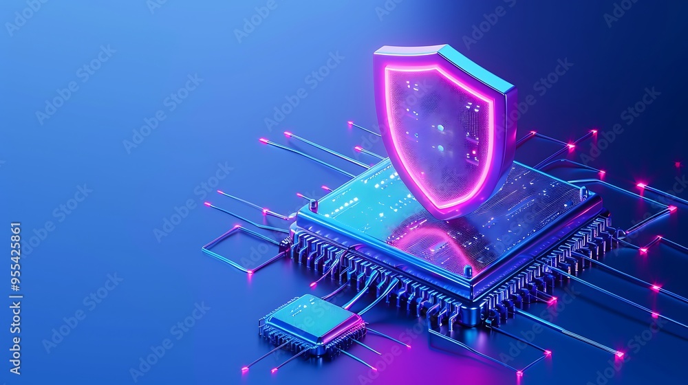 Poster futuristic microchip with shield icon representing cybersecurity and data protection on a glowing bl