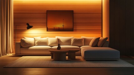 Fototapeta premium An inviting minimalist living room with a comfortable sectional sofa, minimalist decor, and warm lighting, perfect for hosting guests in comfort and style.