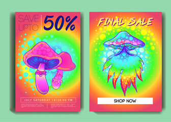 Retro futurism. Vintage 80s or 90s style background with magic mushrooms. Good design for textile t-shirt print design, flyer and poster. Futuristic vector illustration in bright neon colors.