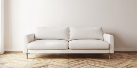 White Sofa on Wooden Parquet in Minimalist Scandinavian Living Room