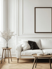 White Sofa on Wooden Parquet in Minimalist Scandinavian Living Room with background painting