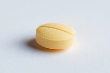 A yellow pill is sitting on a white surface