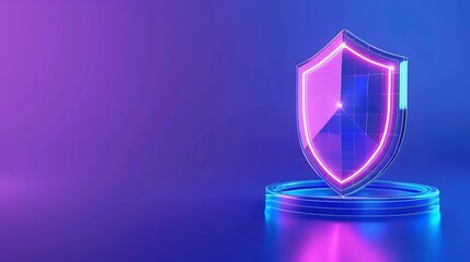 Futuristic neon glowing shield symbolizing cybersecurity and digital protection in a modern virtual world. Gradient background effect.
