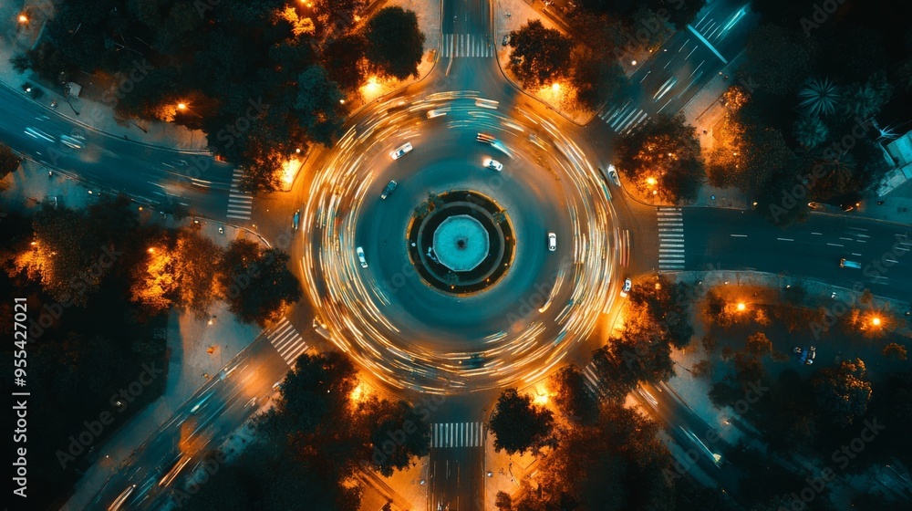Poster an overhead view of streetlights along a circular roundabout, with their light creating a radial pat