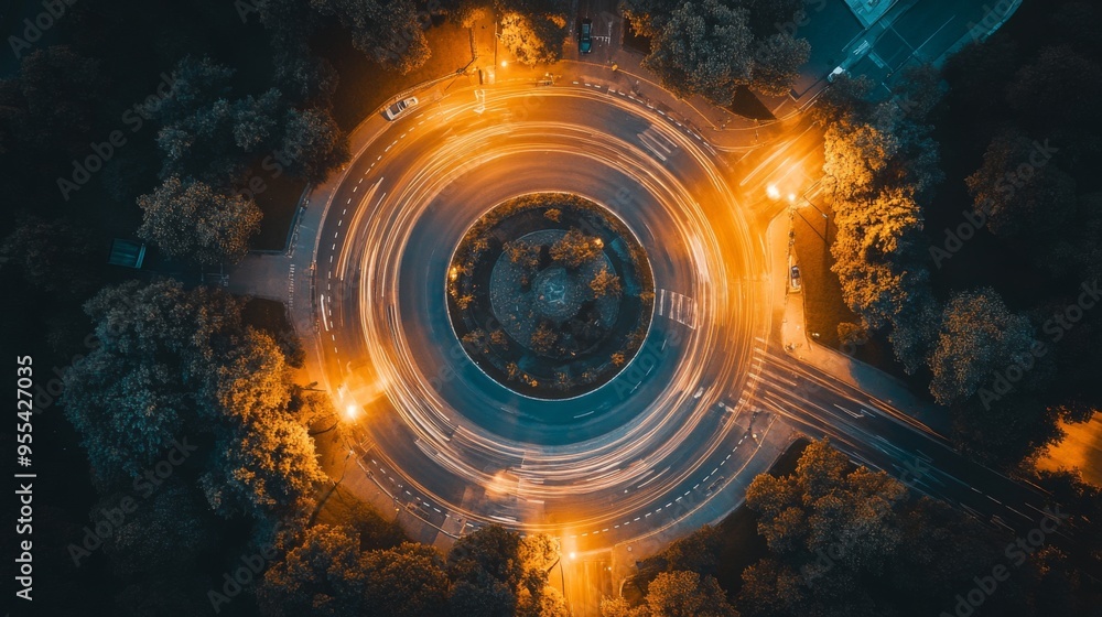 Poster an overhead view of streetlights along a circular roundabout, with their light creating a radial pat