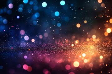 Fototapeta premium Abstract background with colorful bokeh and glitter, blending blue, pink, and orange hues to create a festive and magical atmosphere.