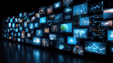 A collection of television screens showcases diverse media content in an expansive setup, with the Earth featured to emphasize global marketing strategies