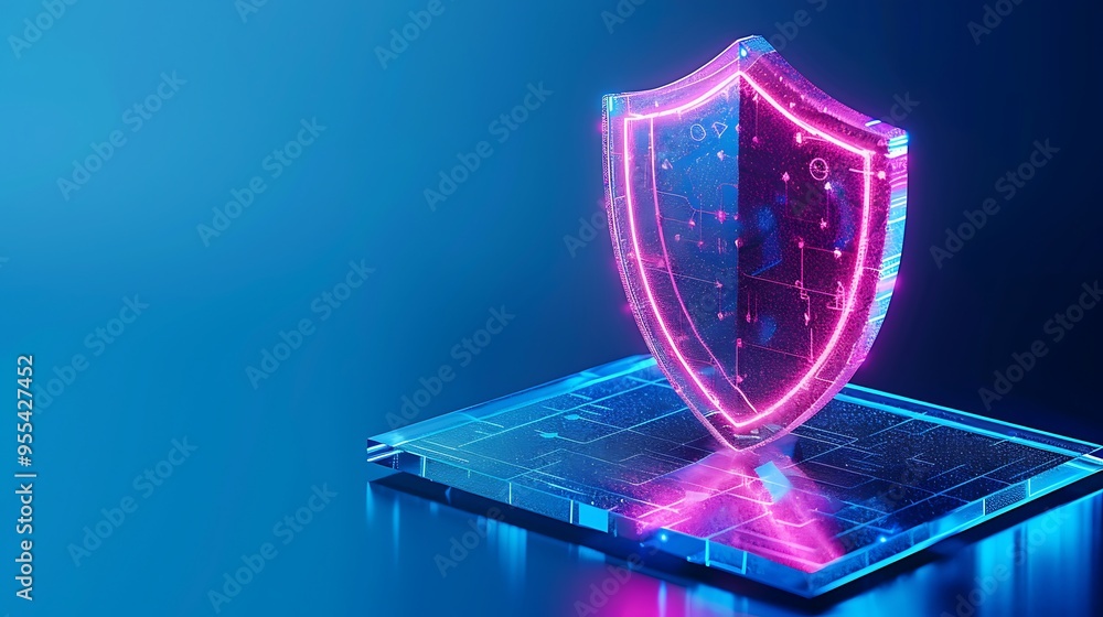 Poster futuristic neon shield on a digital platform representing cyber security and data protection with bl