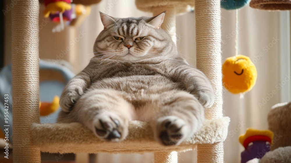 Poster an overweight cat lounging in a cat tree, surrounded by various toys, capturing the essence of felin