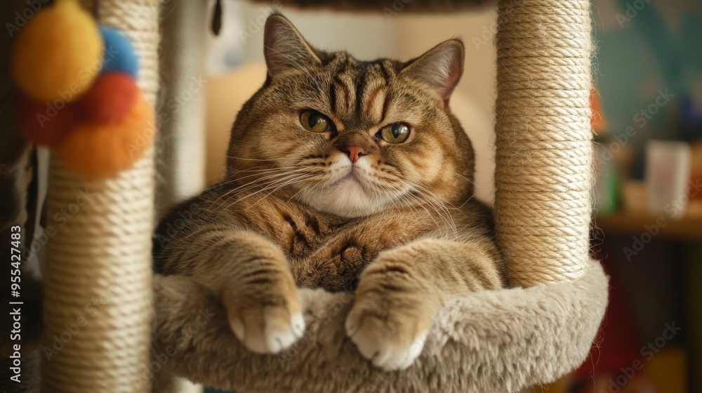 Poster an overweight cat lounging in a cat tree, surrounded by various toys, capturing the essence of felin