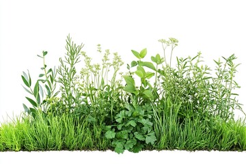 Composition of different green plants and grass isolated on white background.