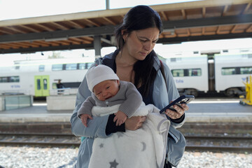 Mother holding newborn baby at train station, checking her phone while waiting for the train,...