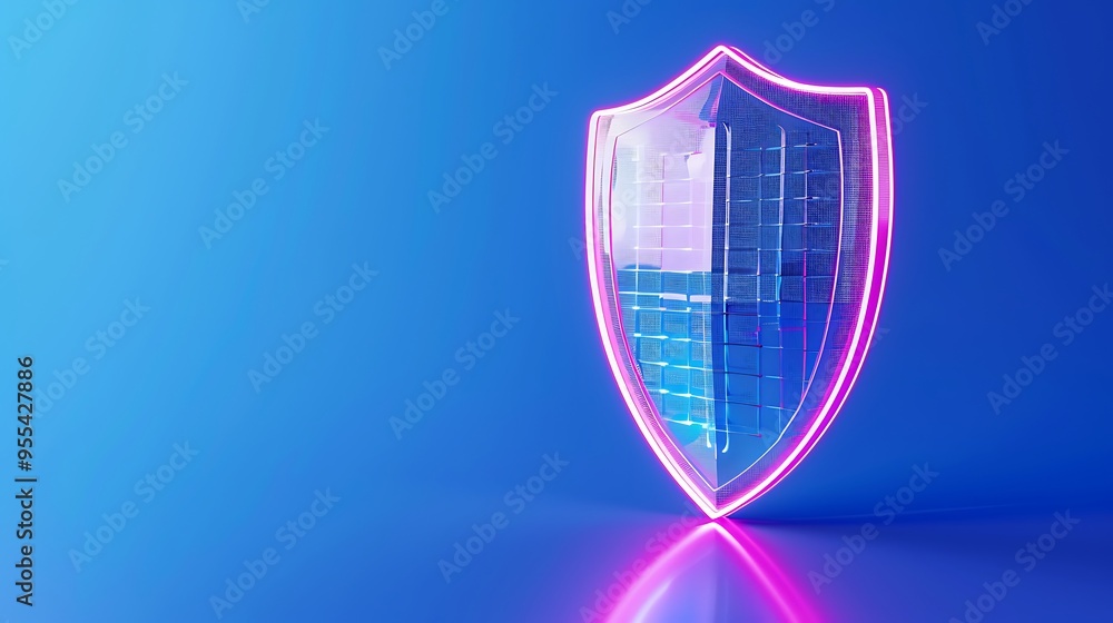 Poster futuristic neon shield representing cybersecurity and data protection on blue background. high-tech 