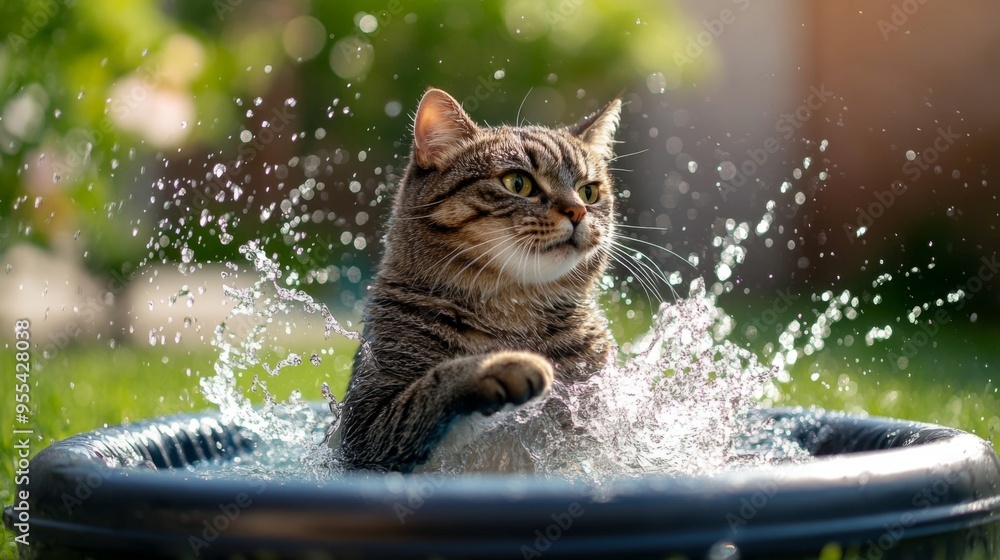 Aufkleber an overweight cat playfully splashing in a small kiddie pool in a backyard, enjoying a sunny day and