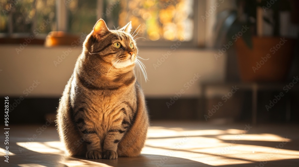 Poster An overweight cat sitting in a patch of sunlight, its fur illuminated and creating a warm, inviting scene.