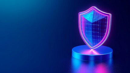 Futuristic neon shield symbolizing cybersecurity protection and digital safety. Vibrant colors on a dark background for technology themes.