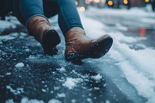 A person slipping on an icy sidewalk, falling and hurting themselves