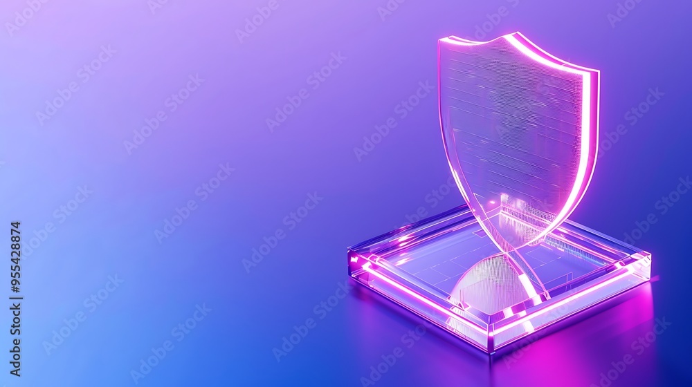 Poster futuristic neon-lit shield on a technological platform symbolizing cybersecurity, data protection, a
