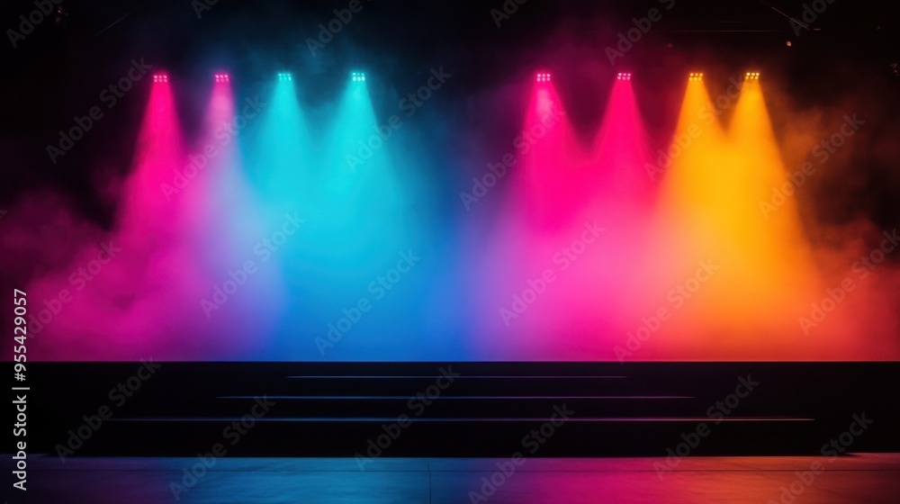 Poster bold color shifts: rapid shifts in bold colors creating a dynamic and visually engaging stage experi